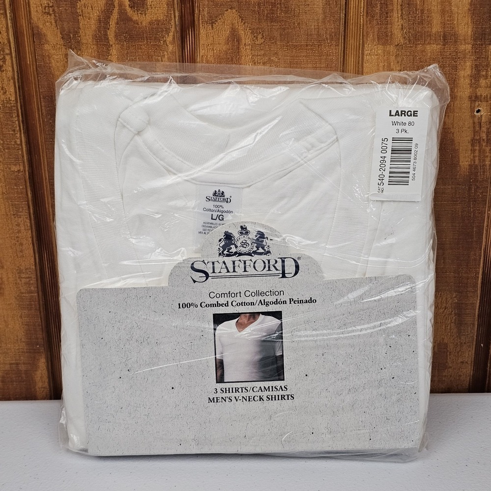Vintage Stafford 100% Cotton V-Neck Shirts Mens Large 3 Pack White Undershirt